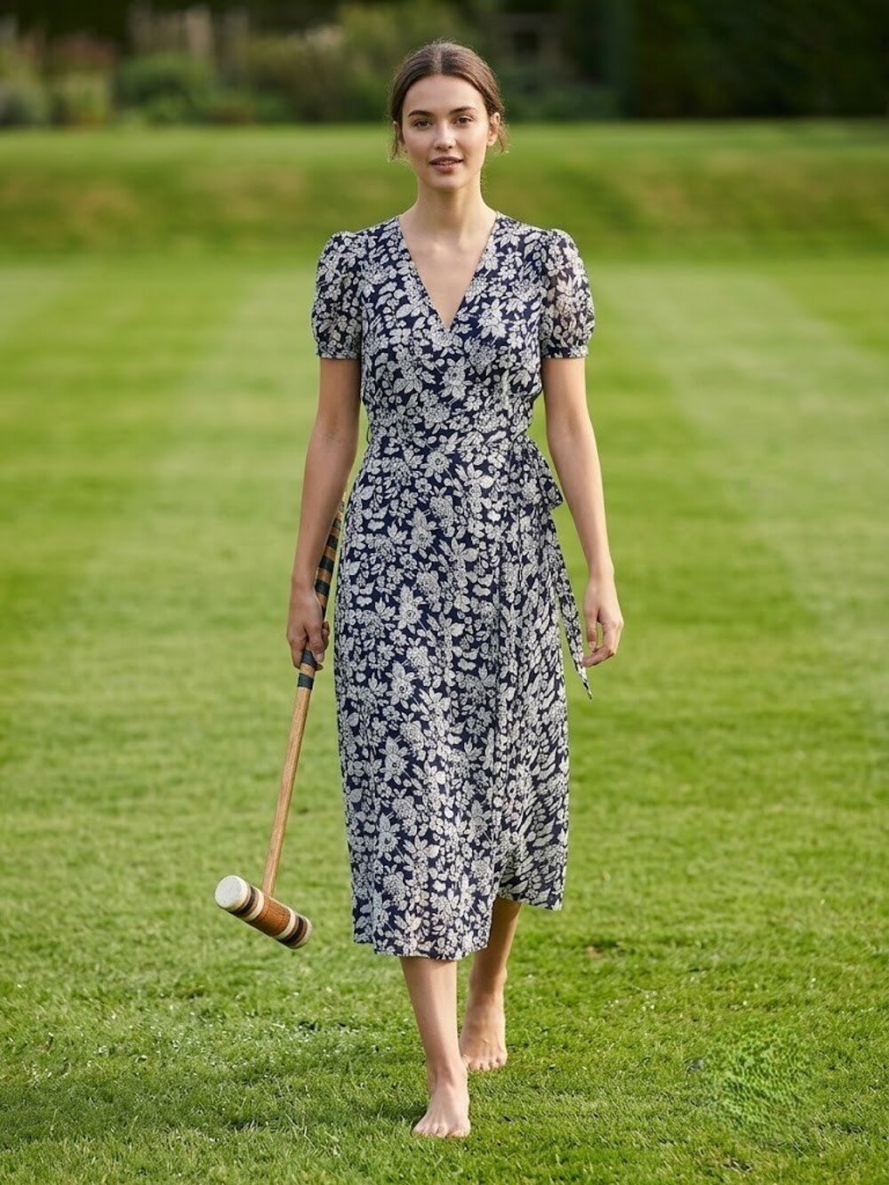 Polo Ralph Lauren Floral Print Crepe Wrap Midi in Navy White Dress 6